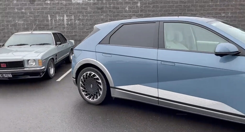 Ioniq 5 almost hit a vintage Holden Monaro while trying to park